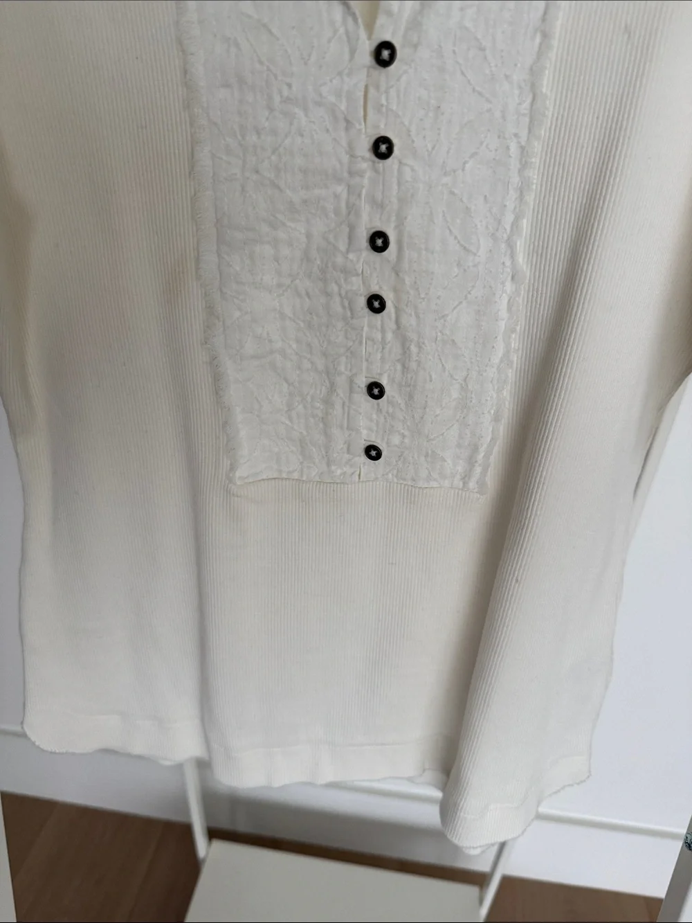 Anthropologie Ivory Textured Puff-Sleeve Henley Top